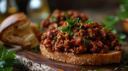 Vegetarian Sloppy Joes. Close-up of a sloppy joe sandwich with savory meat filling