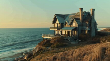 Coastal house on cliffside with ocean view at sunset. Scenic photography for poster