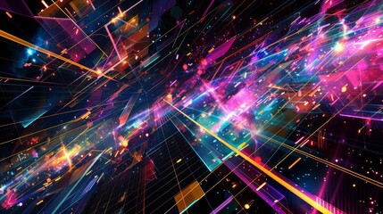 Fototapeta premium Abstract wallpaper with neon colors geometric shapes and scattered particles. Amazing wallpaper