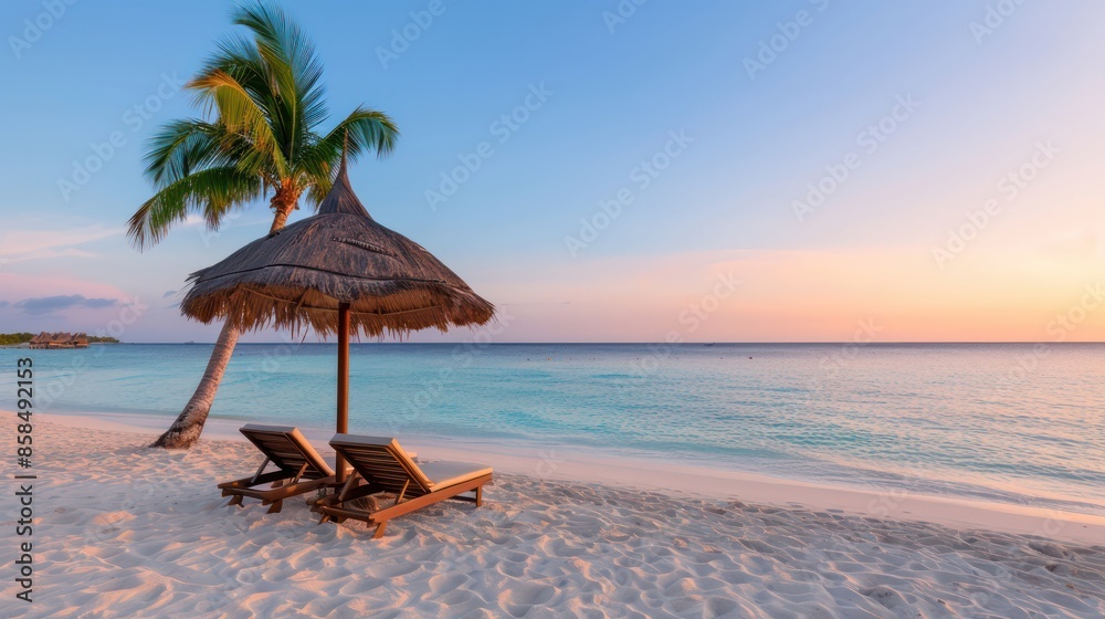Fototapete a beach with two lounge chairs under a palm tree. the chairs are empty and the umbrella is open. the