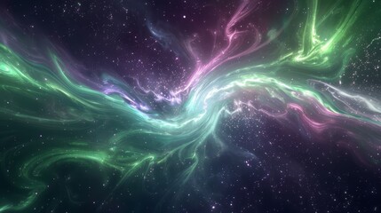 Swirling greens and purples with particles in aurora abstract. Amazing wallpaper