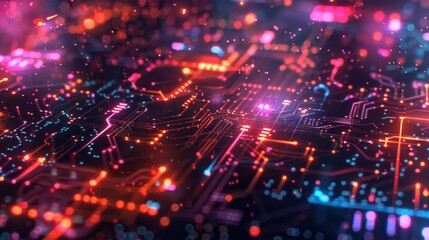 Fototapeta premium Glowing circuit patterns and neon colors in digital abstract wallpaper. Amazing wallpaper