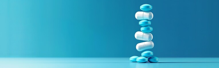 Balanced Blue and White Antibiotic Capsules on Blue