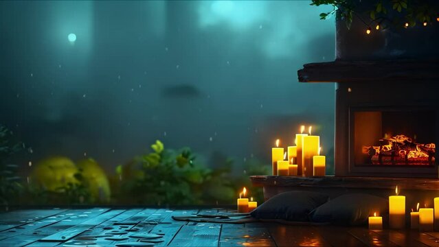 Vector style cozy room with fireplace candles rain outside looping lofi video. Concept Vector Animation, Cozy Room, Fireplace, Candles, Rain, Lofi Music