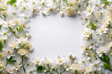Fototapeta premium A frame made of white flowers on a white background