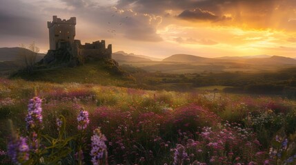 Fototapeta premium Majestic Castle Overlooking a Vibrant Meadow at Sunrise, Enchanting Landscape with Glowing Sky and Blooming Flowers