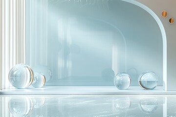 Minimalist Blue and White Abstract Background with Glass Spheres