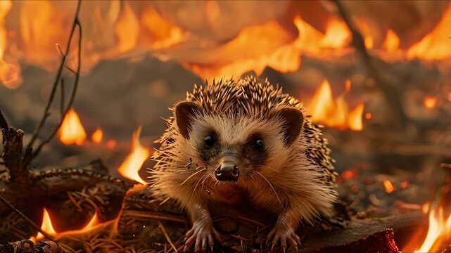 Hedgehog escapes forest fire in photo series highlighting nature conservation and wildlife. Concept Wildlife, Conservation, Hedgehog, Forest Fire, Nature