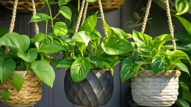 Potted pothos plants on the floor and hanging pots creating a lush green display. Concept Indoor Plants, Pothos Display, Hanging pots, Green Decor, Home Gardening