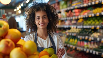 Fototapeta premium An African American woman in a grocery store wearing an apron stands in front of a fruit display.