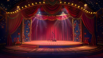 Join the circus adventure! Step into a magical tent with a round stage. Red curtains part to reveal a spotlight-bathed podium, ready for a dazzling show.