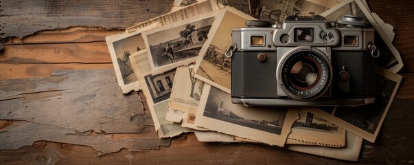 A vintage camera rests on a pile of old photographs