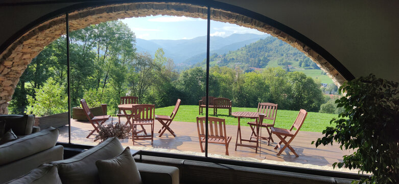 glass window with mountain views