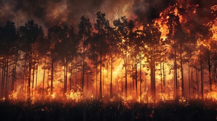 Flames from forest fire burn the trees.