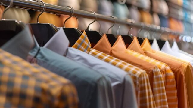 Checkered shirts on display in a vibrant clothing store. Concept Fashion Display, Checkered Shirts, Clothing Store, Vibrant Colors