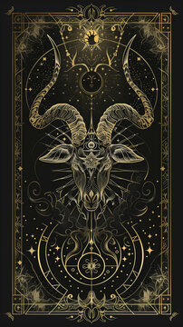 Satanic tarot card design, with the diabolical symbol of the male goat. Beautiful vector line drawing, golden and black with intricate details, for the background of a Gothic wallpaper