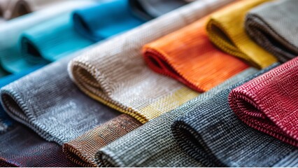 top view of Colorful fabric samples in various colors and textures for interior design on the table