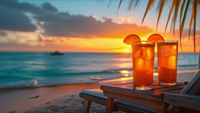Luxury beach resort offers tropical cocktails at sunset for summer vacations. Concept Luxury Resort Experiences, Sunset Cocktails, Tropical Getaways, Summer Vacations