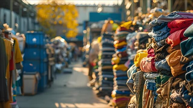 Fashion Waste: Clothing Scraps in Municipal Waste Sorting Facility. Concept Fashion industry, Waste management, Textile recycling, Sustainability, Circular economy