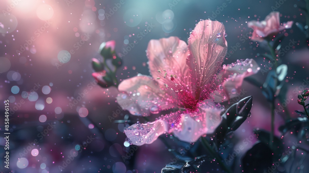 Poster a flower with pink petals is surrounded by a blurry background. the flower is the main focus of the 