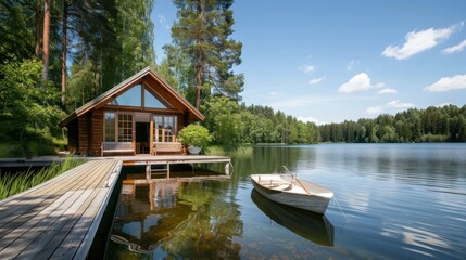 A small cabin is on a dock next to a lake. A boat is docked in the water