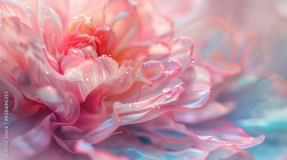 Poster a close up of a pink flower with a water droplet on it. the flower is delicate and beautiful, with a