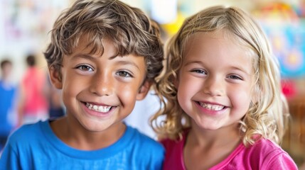 Two little children, a boy and a girl, pose together and smile at the camera.