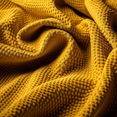 Fototapeta premium A yellow fabric with a wavy texture. The fabric is smooth and shiny. The color of the fabric is bright and cheerful