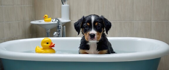 Cute little dog bernese puppy with yellow rubber duck in bath.