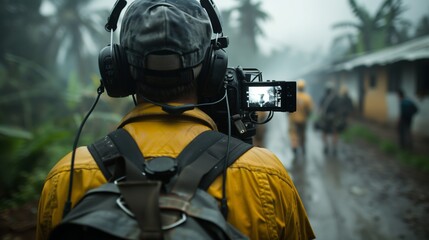 A photojournalist films in a rain-soaked village, capturing the daily life of its inhabitants