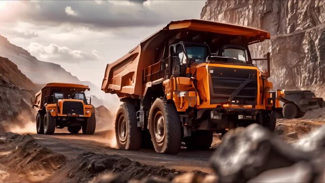 Operations of large yellow mining trucks in action at a coal quarry excavation site. Concept Coal Excavation, Mining Trucks, Quarry Operations, Heavy Machinery, Industrial Site
