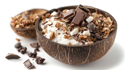 Coconut bowl with yogurt chocolate granola for a healthy breakfast RemoveEmptyEntriesTop view on white background