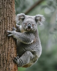 Koala Clinging To A Tree Trunk In Daylight