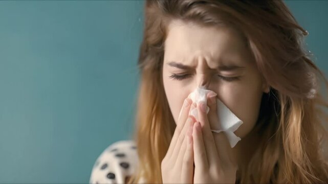 Symptoms of Seasonal Allergies or Cold: Unhealthy Young Woman Wiping Runny Nose with Tissue. Concept Seasonal Allergies, Cold Symptoms, Health Issues, Runny Nose, Tissue Wiping