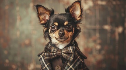 Chihuahua dog in fashionable attire posing on vintage backdrop with copy space