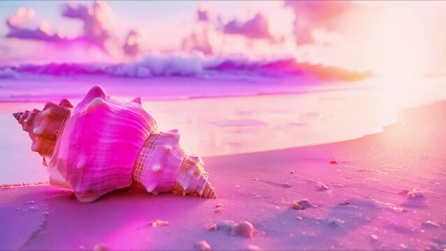 Pink conch shell resting on sandy beach at sunrise in Bahamas. Concept Beach photography, Sunrise, Bahamas, Conch shell, Pink aesthetics