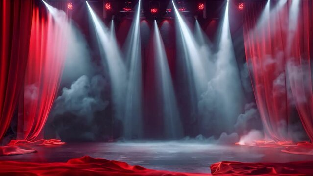 Preparing stage with red curtains and spotlights for entertainment performance in theater. Concept Theater Performance, Stage Lighting, Red Curtains, Entertainment, Stage Design