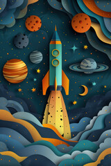 Paper Cut Style Rocket to the Moon