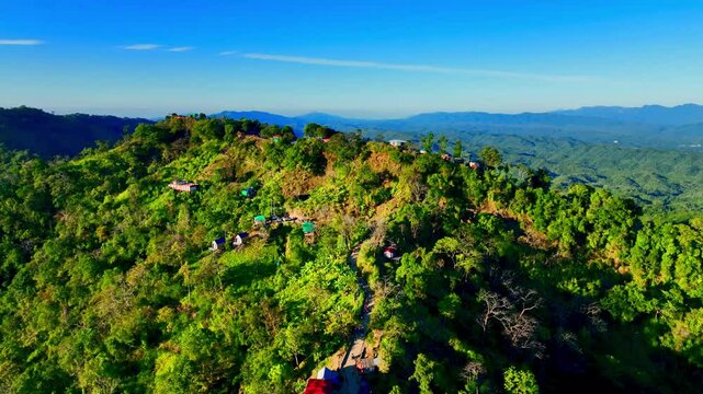 Aerial 4K Beauty of Sajek vally, Stunning Hills,resort,Hotel and Blue Skies
