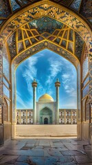 View of the Isfahan Iran mosque from the open ancient wooden doors in Bukhara, Uzbekistan. Sunny day. AI generated illustration