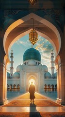 Religious muslim man praying inside the mosque. AI generated illustration