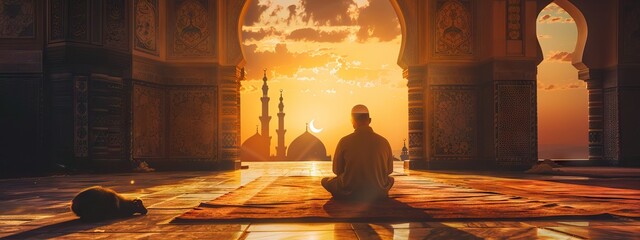 Fototapeta premium Religious muslim man praying inside the mosque. AI generated illustration