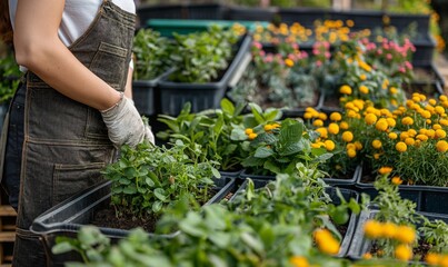 A housewife is growing a garden using reused containers from Household items. Reuse concept