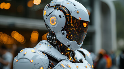 Fototapeta premium Futuristic humanoid robot with glowing circuits and white armor in profile view. Concept of artificial intelligence, technology, and the future.