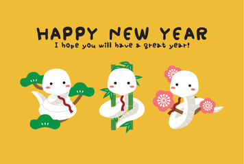 Fototapeta premium Happy New Year 松竹梅 白蛇 背景オレンジ