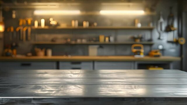 Blurry garage background with empty metal workshop desk for crafting in man cave. Concept DIY Workshop, Man Cave Crafting, Garage Aesthetic, Metalwork Desk, Blurry Background