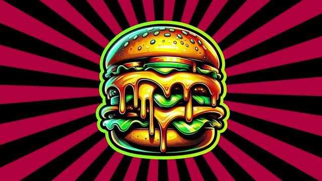Sticker art of a burger with yellow green orange neon effect and white stroke on sunburst background. Generative AI.