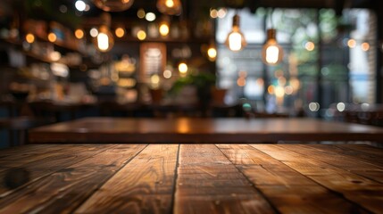 Blurry background of a coffee shop or restaurant with a brown wooden table for photo montages or product displays