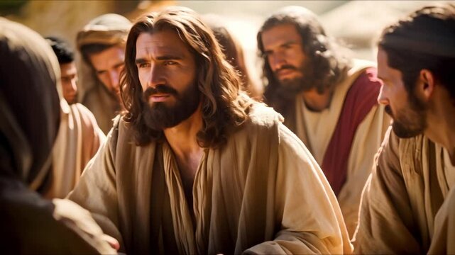 Jesus instructing apostles in discussion leading and teaching them in conversation. Concept Biblical teachings, Christian discipleship, Apostolic instruction, Jesus' leadership, Spiritual discussions