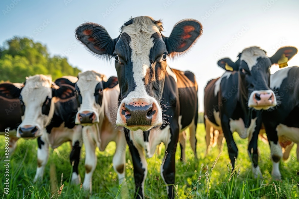 Wall mural Black And White Cows Grazing In A Green Pasture On A Sunny Day